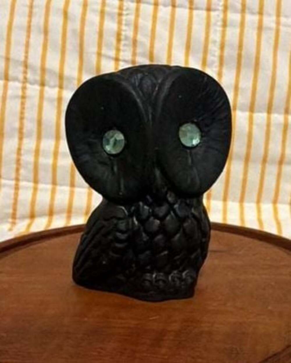 Vintage Handcrafted Coal Owl Figurine with Green Glass Eyes